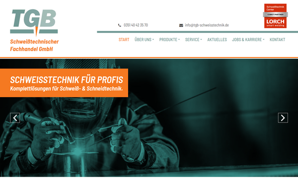 Notebook-Ansicht der TGB-Schweisstechnik.de Website mit Services und Unternehmensprofil