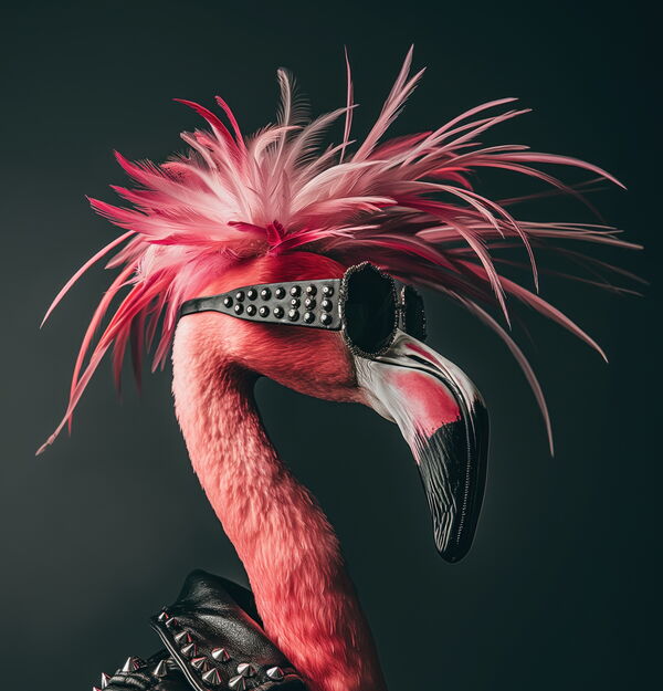 Ein Flamingo mit extravagantem Federkopfschmuck vor dunklem Hintergrund. Symbolisiert Individualität, Kreativität und den Mut, im Webdesign neue Wege zu gehen.