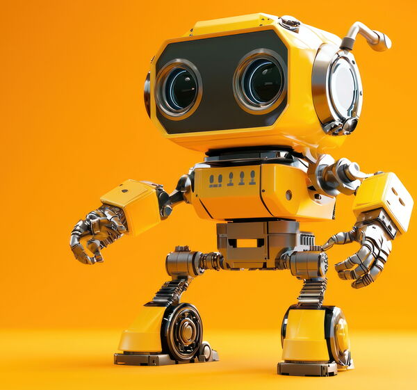 Ein kleiner, freundlicher gelber Roboter symbolisiert KI und innovative Technologie bei MyArtSide in Bautzen.