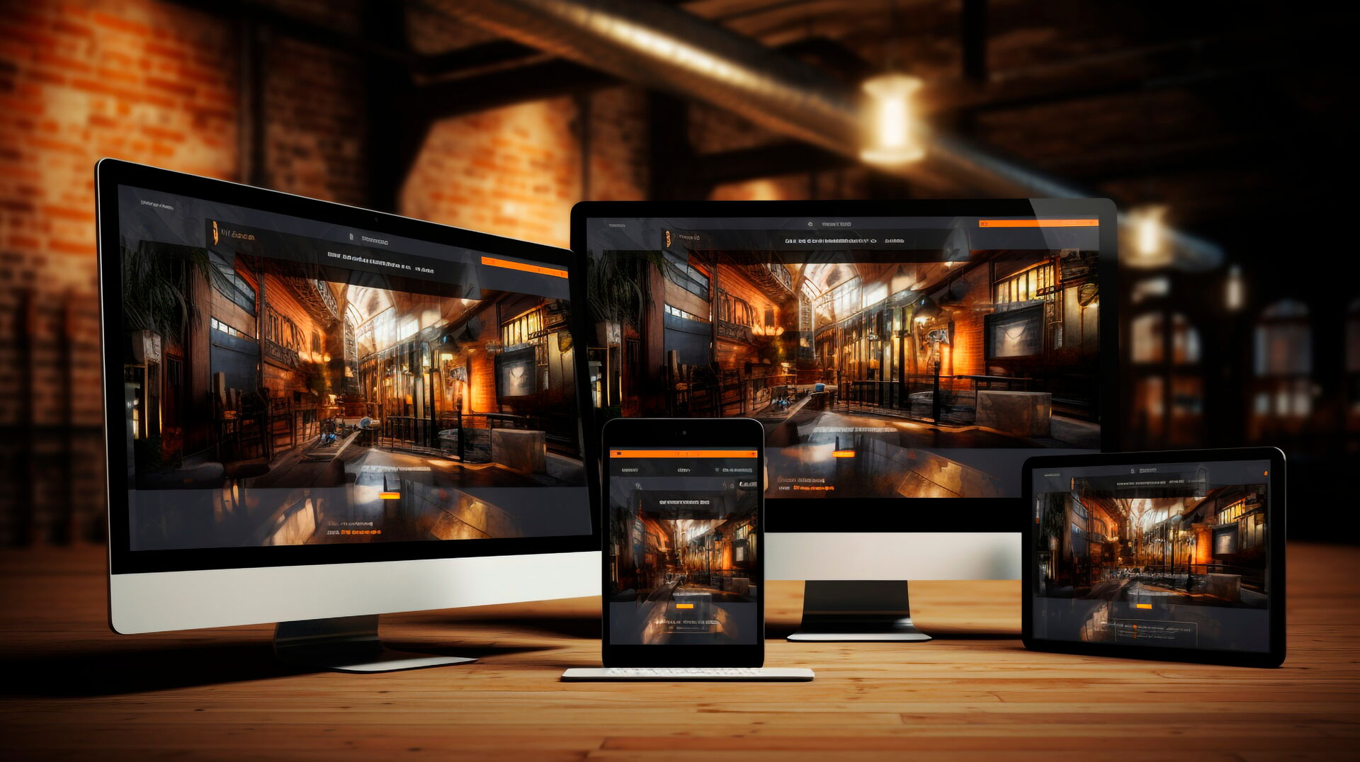 Ein Desktop-Monitor, ein geöffneter Laptop, ein Tablet im Hochformat und ein Smartphone zeigen alle ein ähnliches, verschwommenes Motiv.