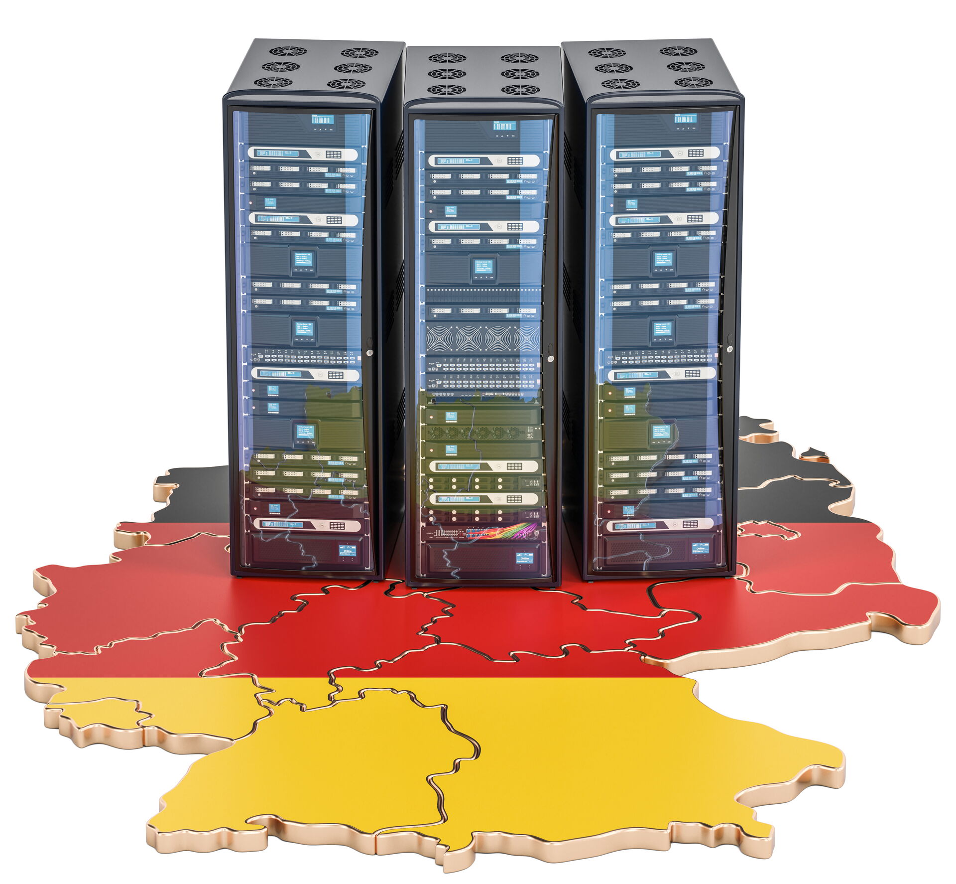 Drei aufrecht stehende Server auf einer Karte Deutschlands, wobei der Fokus auf der Region um Bautzen liegt.