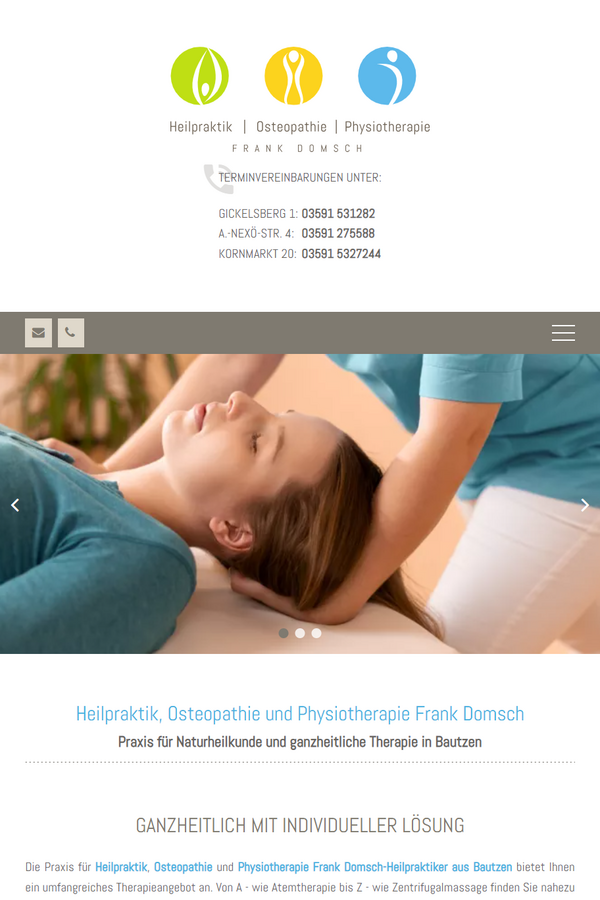 Tabletansicht: Webseite für das Gesundheitswesen: Physiotherapie & Osteopathie Frank Domsch in Bautzen | Sachsen