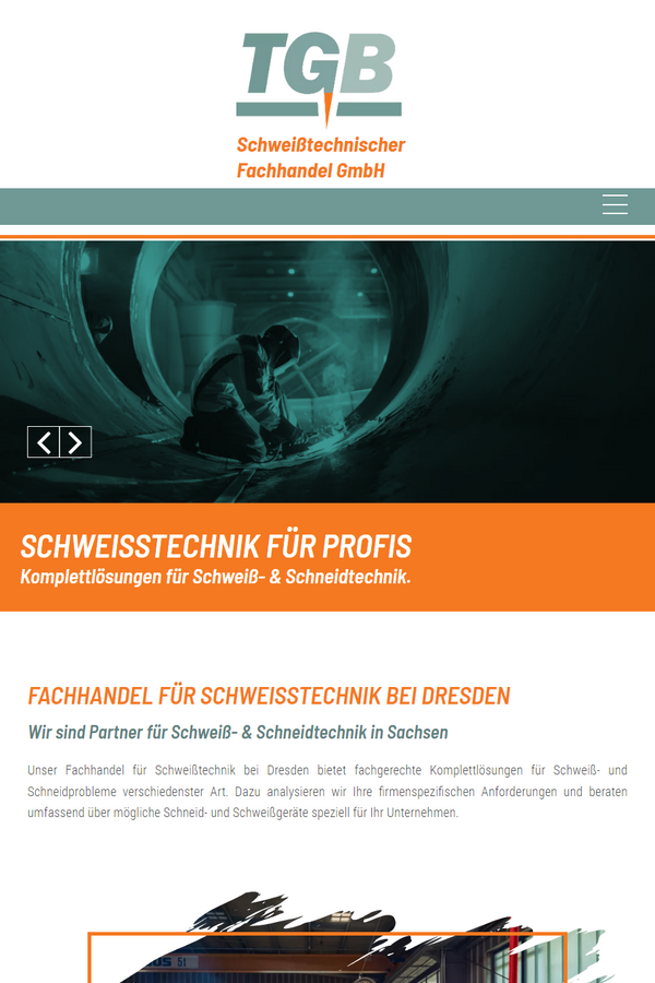 Tablet-Ansicht der TGB-Schweisstechnik.de Website mit Leistungsübersicht und Firmeninformationen