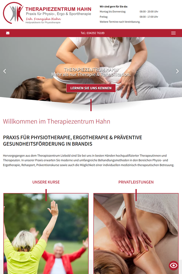 Tablet-Ansicht der Therapiezentrum-Hahn.de Website mit Behandlungsangeboten und Kontaktinformationen