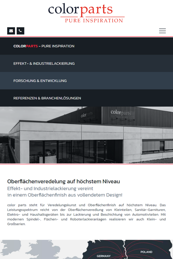 Ansichten einer barrierefreien Webseite von ColorParts auf großem Bildschirm, Tablet und Mobiltelefon, die zugängliche Designprinzipien umsetzt.