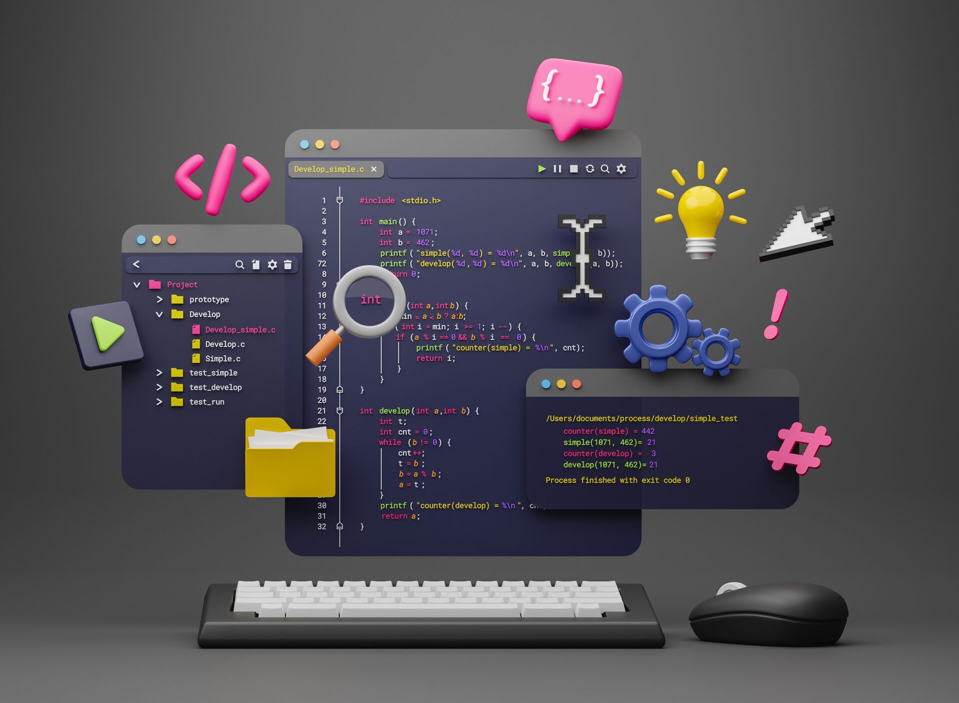 Programmierung Ein stilisierter Computerbildschirm mit Symbolen, die den Entwicklungsprozess im Webdesign und der Programmierung darstellen, wie z. B. Suche, Code und Daten.