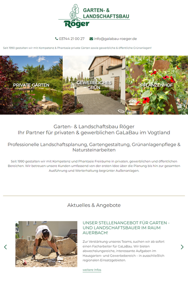 Tabletansicht:  Webseite für Garten- & Landschaftsbau: Röger Garten- & Landschaftsbau GmbH & Co. KG in Auerbach | Sachsen – Vogtland