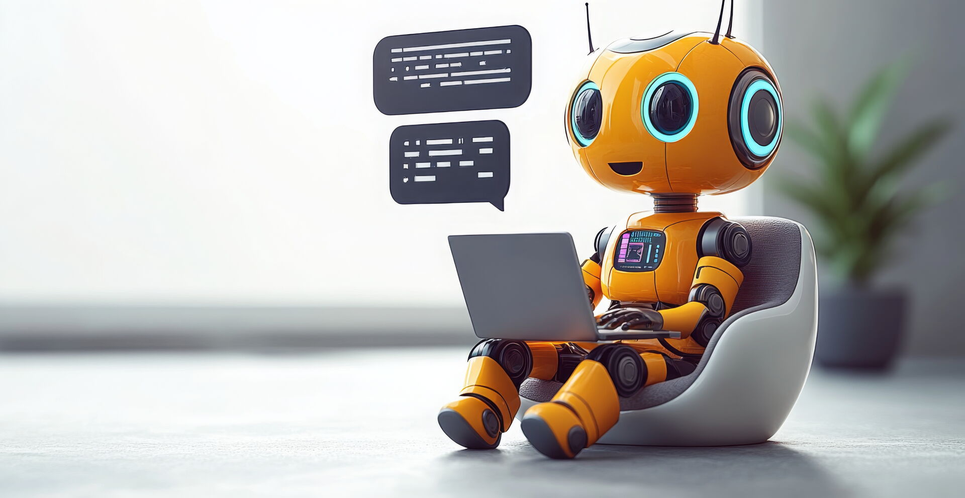 Mit KI generierte 3D-Grafik eines kleinen, gelben Roboters beim Beantworten von Chat-Anfragen