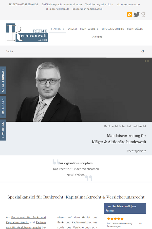 Tablet-Ansicht der Rechtsanwalt-Reime.de Website mit Kanzleileistungen und Kontaktinfos