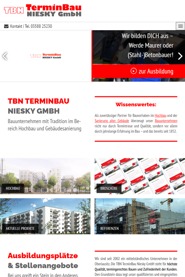 Tablet-Ansicht der Terminbau-Niesky.de Website mit Projektdarstellung und Unternehmensinfos