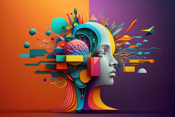 Abstrakte Darstellung eines Kopfes mit bunten Formen und Elementen, die Kreativität und innovative Ideen im Webdesign und SEO symbolisieren.