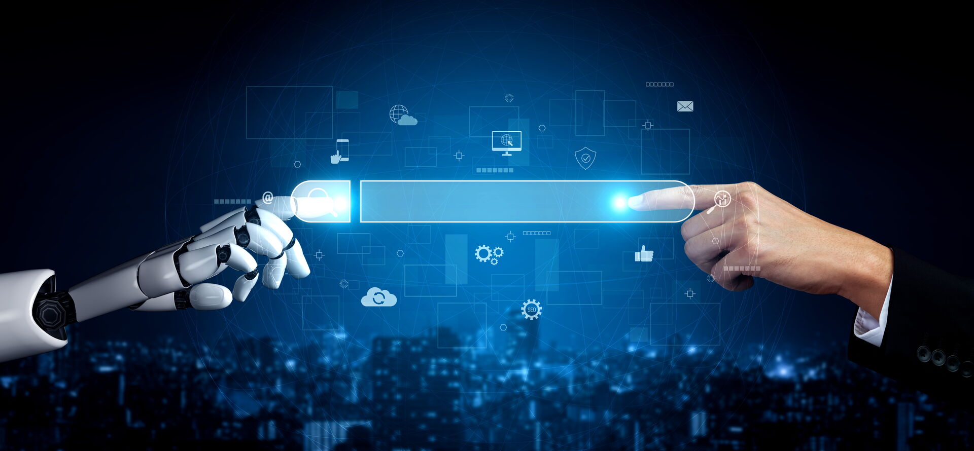 Suchfenster einer Online-Suchmaschine mit Berührung einer Roboter-Hand links und Berührung einer menschlichen Hand rechts