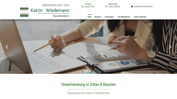 Desktopansicht: Webseite für Steuerberater & Kanzleien in Zittau & Bautzen für Steuerberaterin Katrin Wiedemann