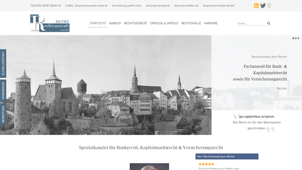 Desktop-Ansicht der Rechtsanwalt-Reime.de Website mit Kanzleiprofil und Rechtsdienstleistungen