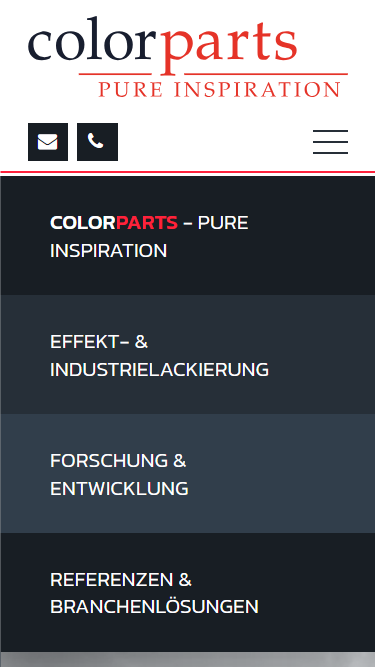 Ansichten einer barrierefreien Webseite von ColorParts auf großem Bildschirm, Tablet und Mobiltelefon, die zugängliche Designprinzipien umsetzt.